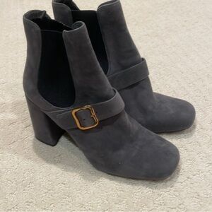 Prada Gray Suede Buckle Ankle Boot Block Heel EU38 Italy Dust Bag